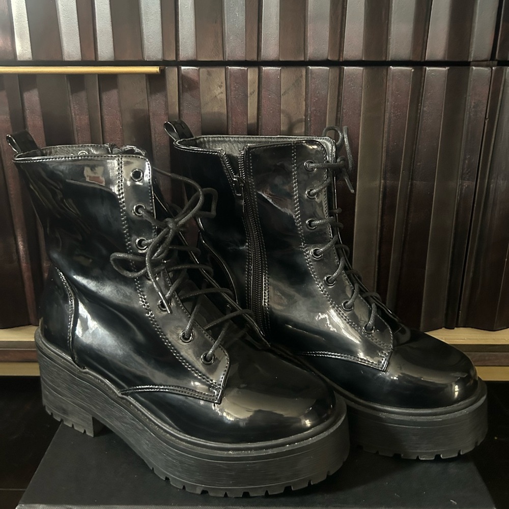 Platform Patent-Leather Combat Style Boot